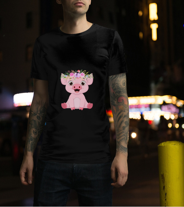 Oink Cute Little Pig With A Floral Crown T-Shirt