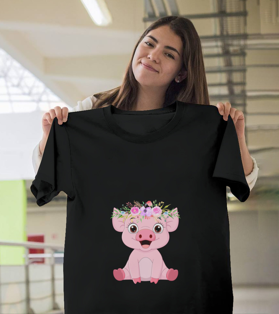 Oink Cute Little Pig With a Floral Crown T-Shirt