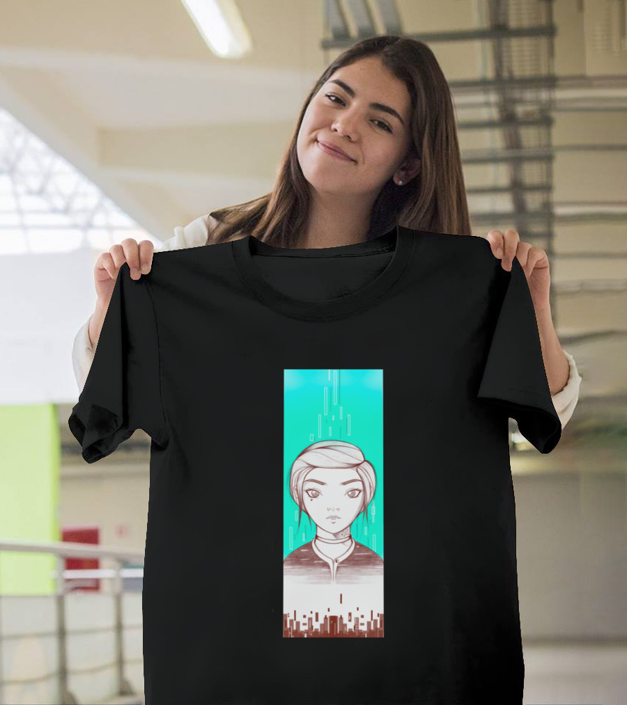 The Girl With The Butterfly Tattoo Futuristic Portrait on Vertical Urban Background T-Shirt
