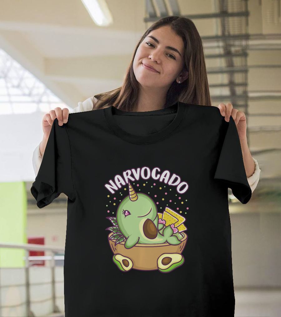 Narwhal Avocado Narvocado Cute Funny Food Creature Relaxing in Guacamole Bowl with Tortilla Chips T-Shirt