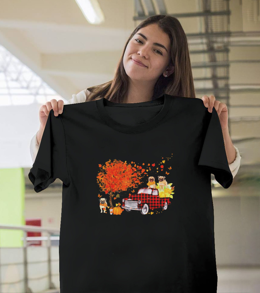 Pug Autumn Plaid Truck with Pumpkins and Falling Leaves T-Shirt