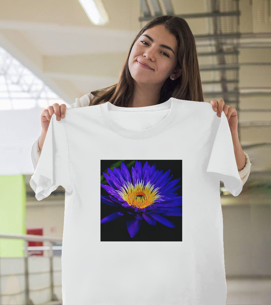 Blue Lily Vibrant Bloom Dark Background Essence T-Shirt