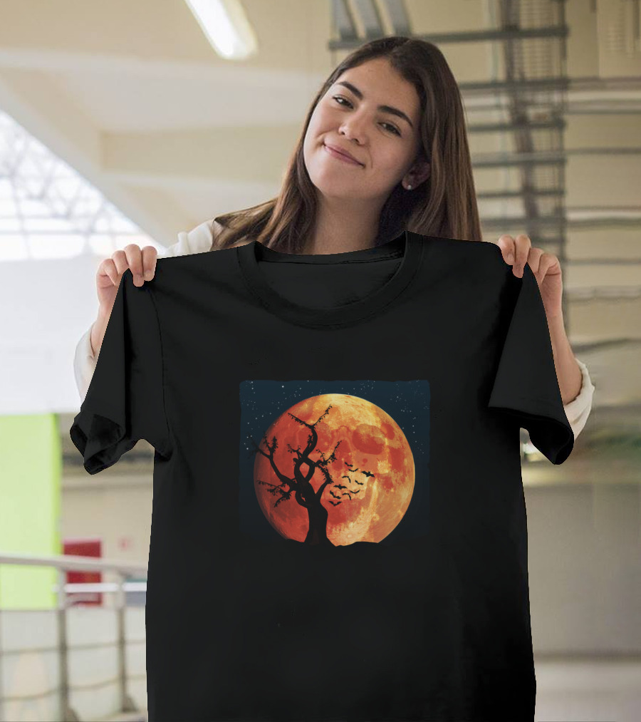 Halloween Blood Moon Skull Face with Spooky Tree and Bats T-Shirt