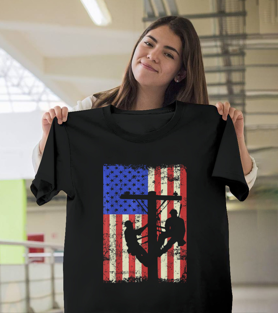 American Flag Electric Cable Lineman T-Shirt