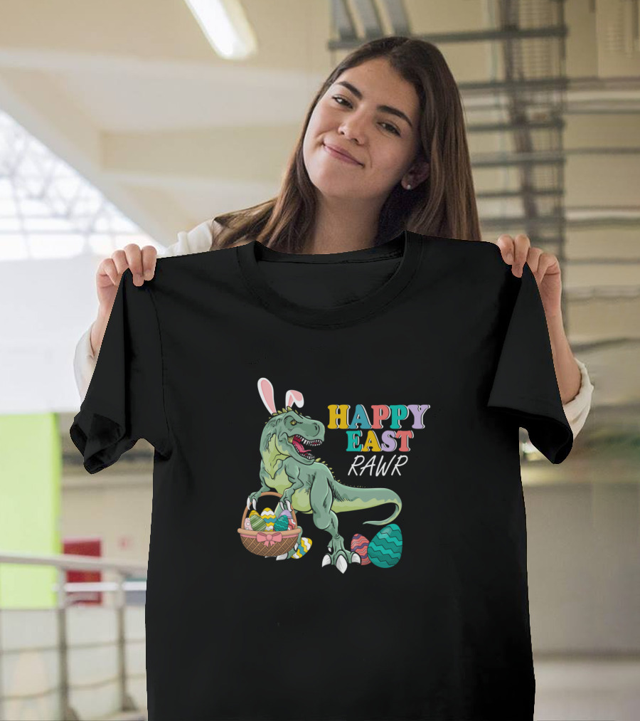 Happy Eastrawr Rex Dinosaur Easter Bunny Egg Basket T-Shirt