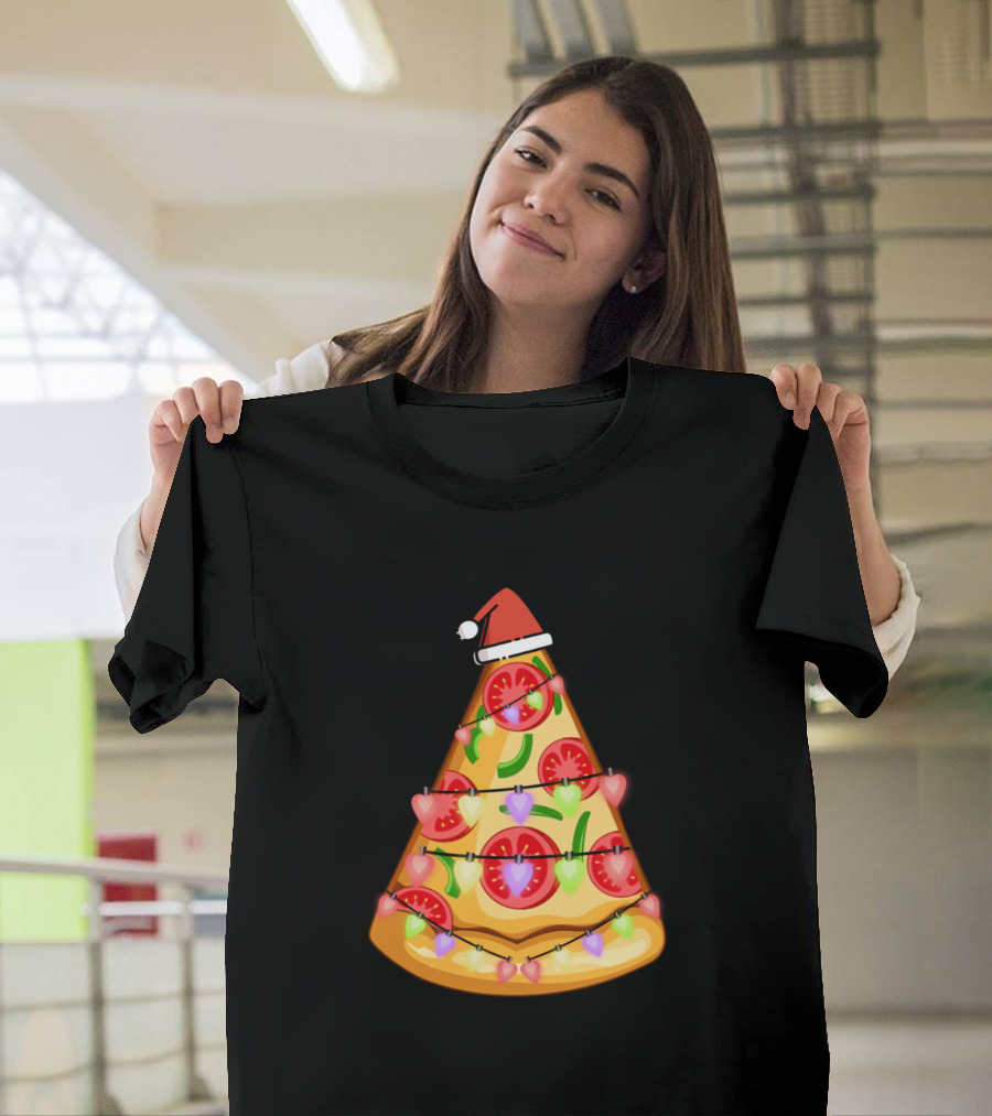 Christmas Pizza Slice Santa Hat String Lights T-Shirt