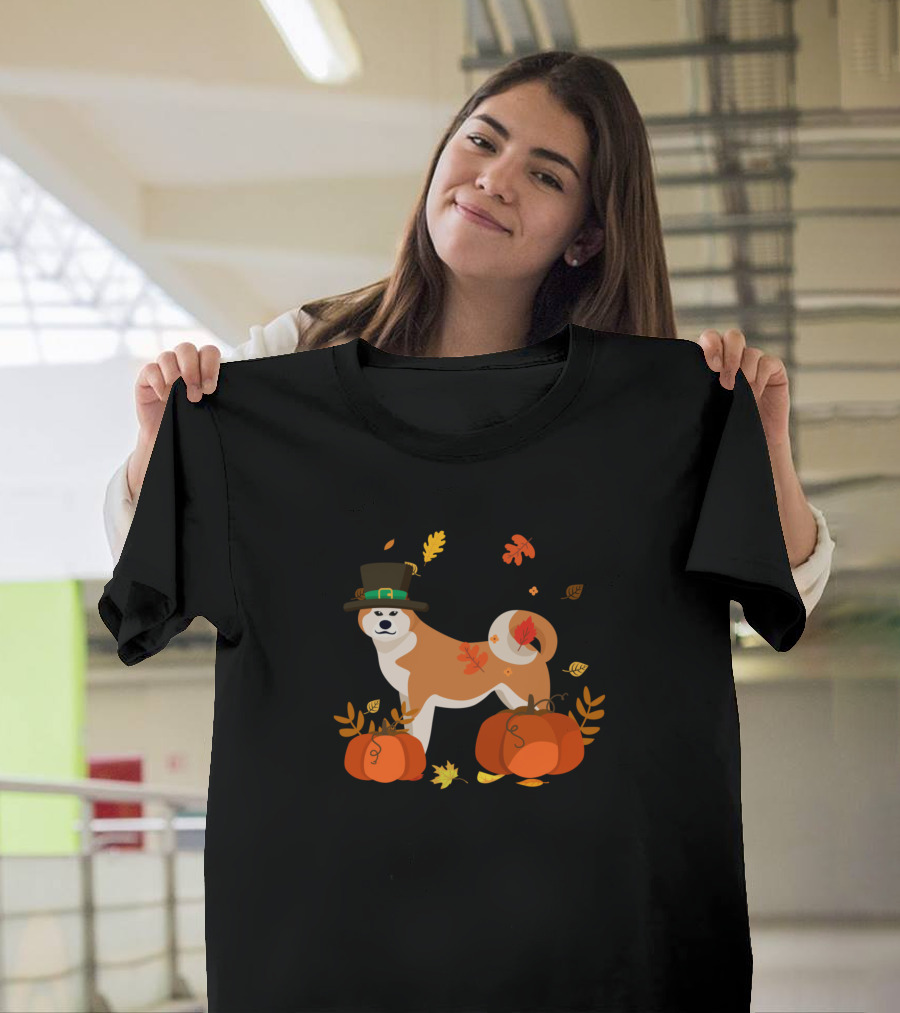 Akita Inu Dog Thanksgiving Autumn Pumpkins and Leaves T-Shirt