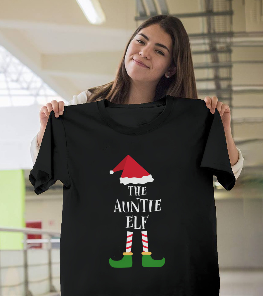 The Auntie Elf Christmas Teens Santa Hat Striped Legs Green Shoes T-Shirt