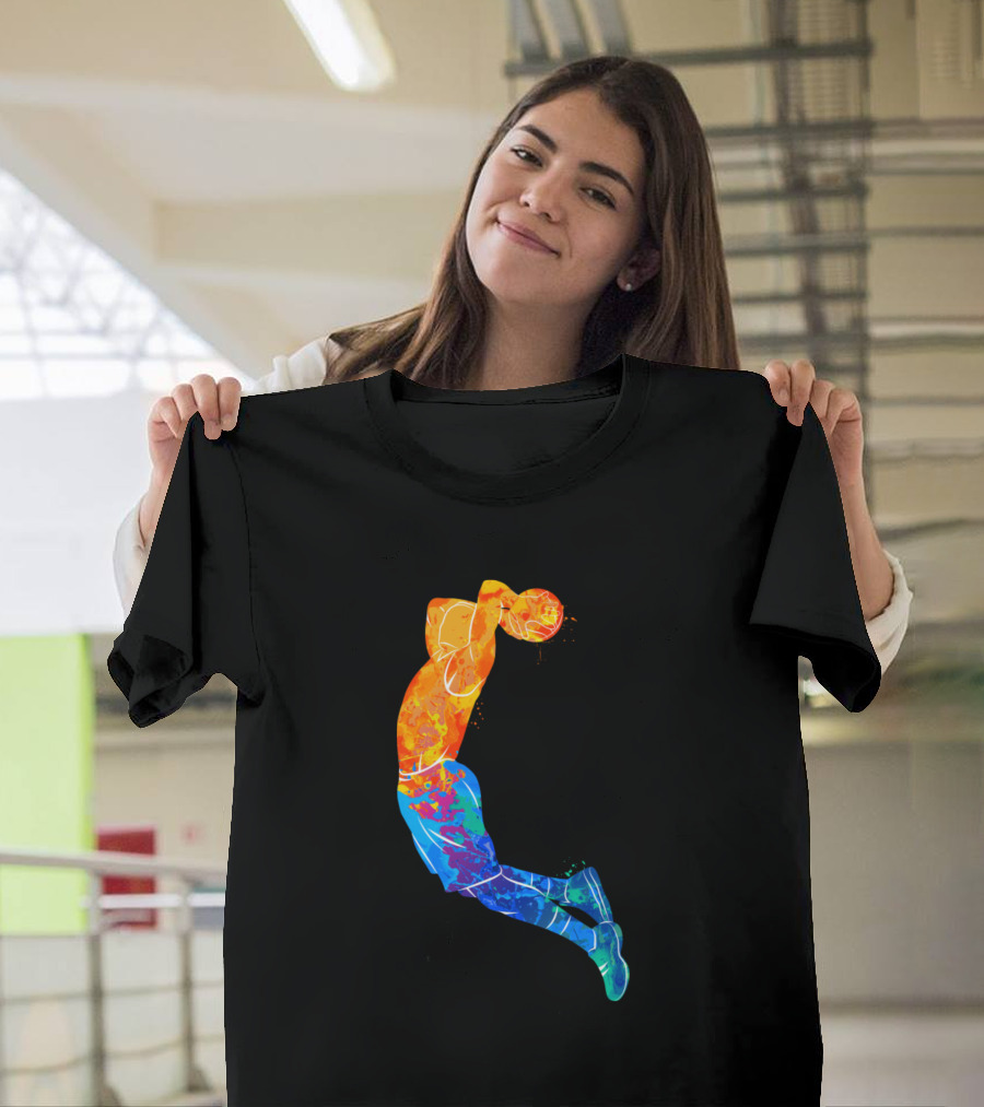 Basketball Dunk Player On Fire Watercolor Painting Athletic Leap T-Shirt