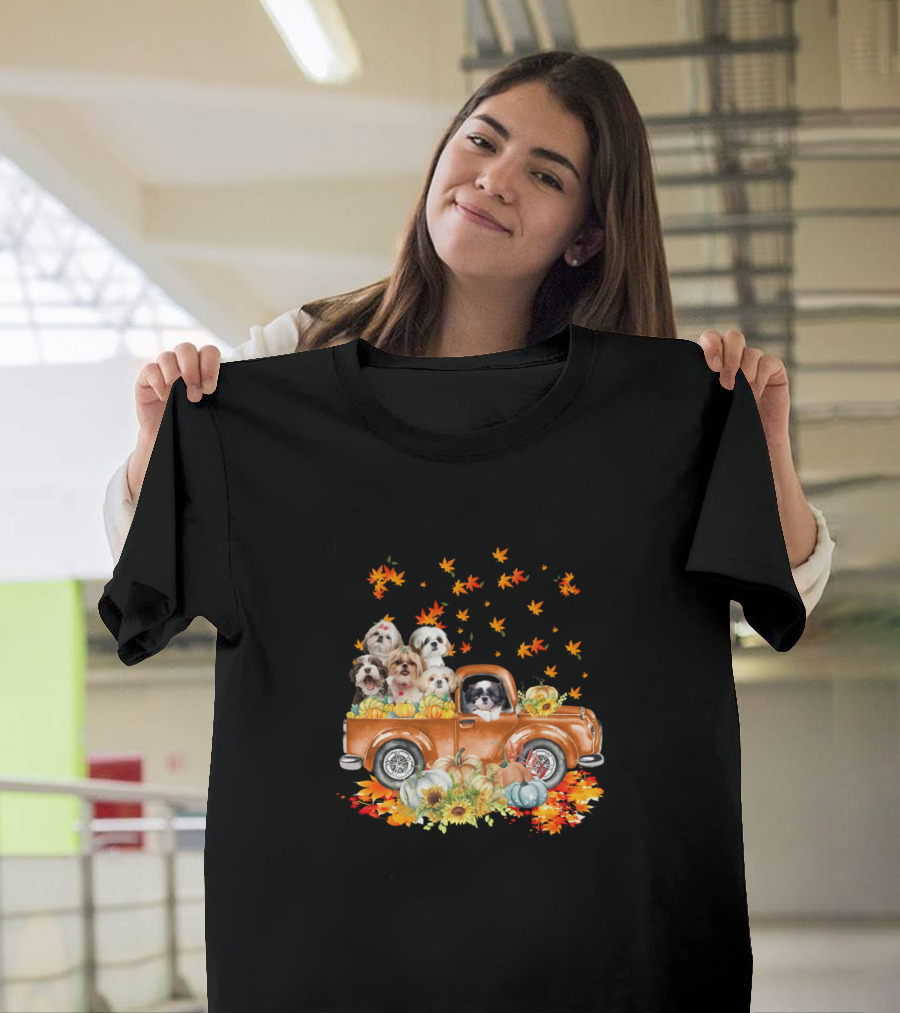 Sunflower Pumpkin Leaf Fall Funny Shih Tzu Truck T-Shirt