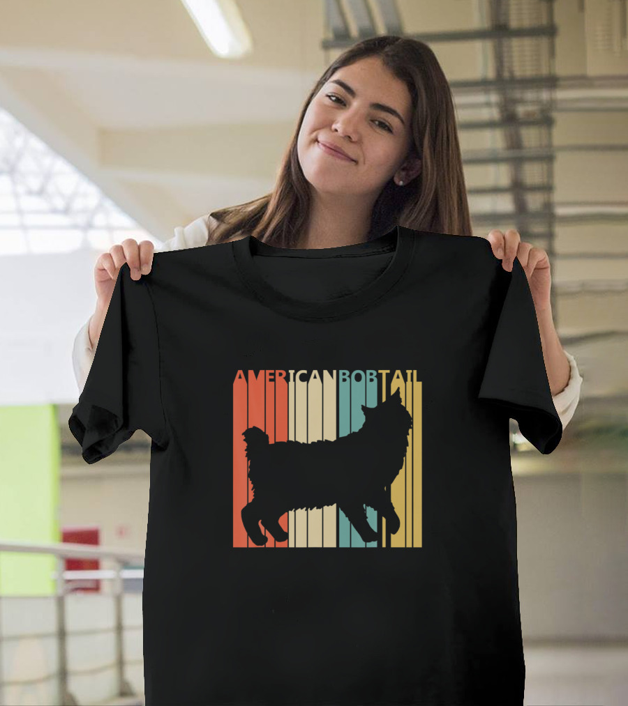 Vintage American Bobtail Cat Silhouette Retro Stripes T-Shirt