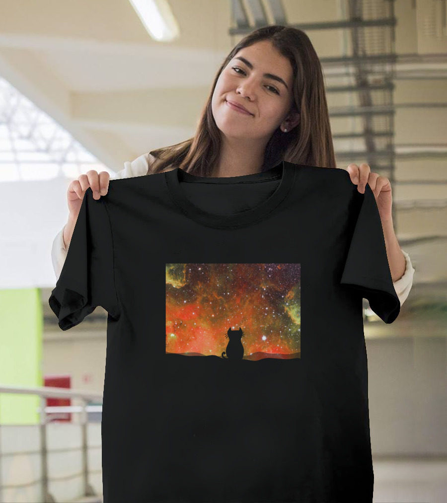 Cat in Cosmic Orange Nebula T-Shirt