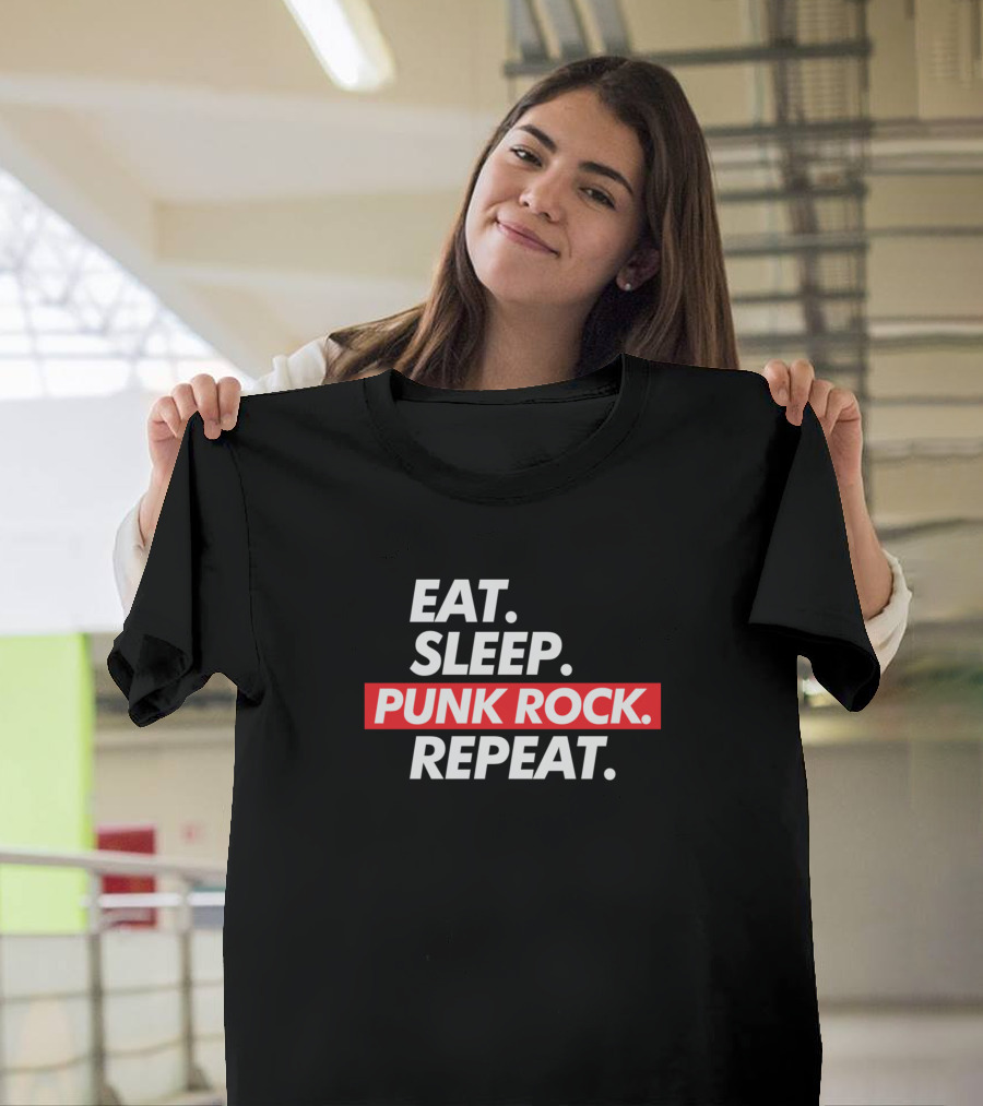 Eat Sleep Punk Rock Repeat Black and Red Text T-Shirt