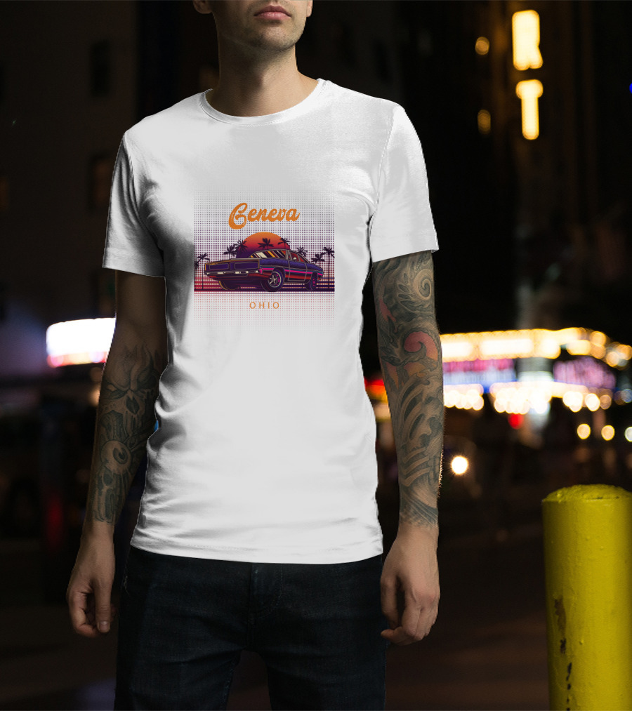 Geneva Ohio Vintage Muscle Cars Retro Sunset Scene T-Shirt