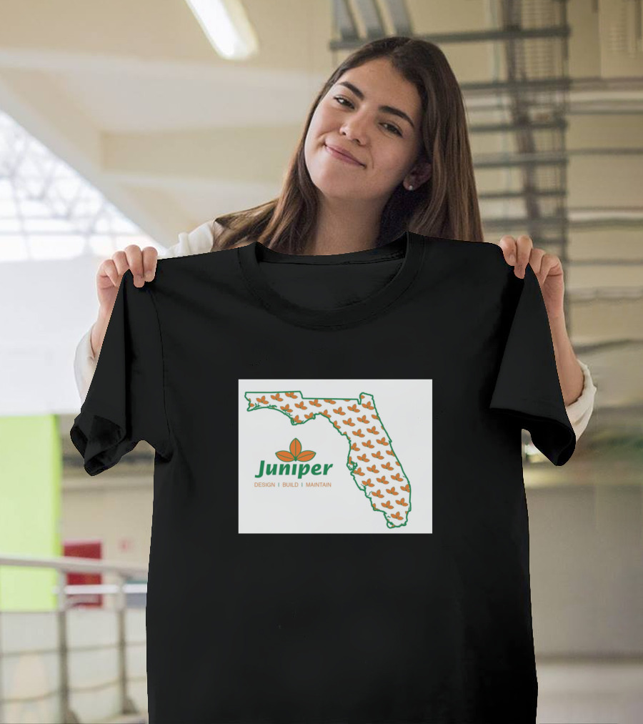 Juniper Design Build Maintain Florida Map with Orange Leaves T-Shirt