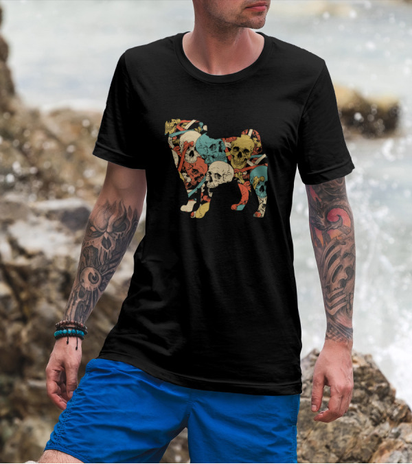 Zombie Pug Skull Patterned With Colorful Skulls And Bones T-Shirt