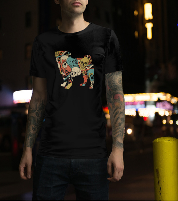 Zombie Pug Skull Patterned With Colorful Skulls And Bones T-Shirt