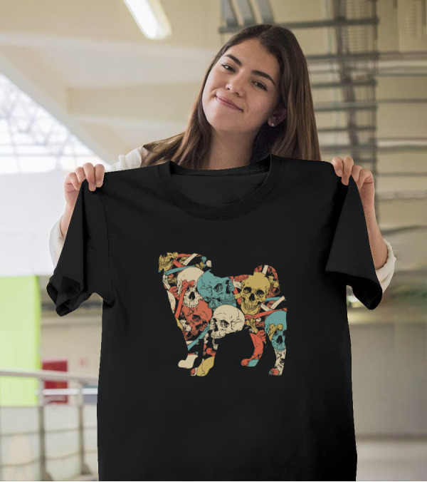 Zombie Pug Skull Patterned With Colorful Skulls And Bones T-Shirt
