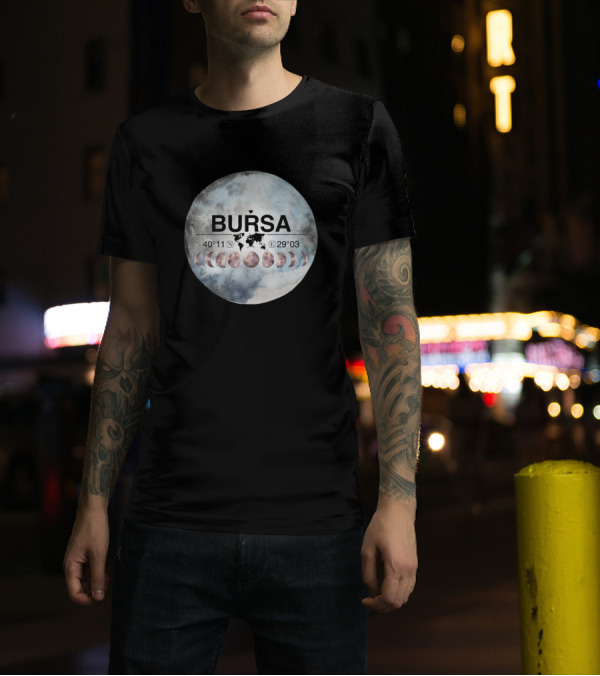Bursa Turkey World Map Latitude 40°11' N 29°03' E Moon Phases Watercolor T-Shirt
