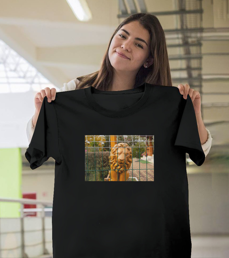 Lion Sculpture Behind Fence with Wooden Texture After Rain T-Shirt
