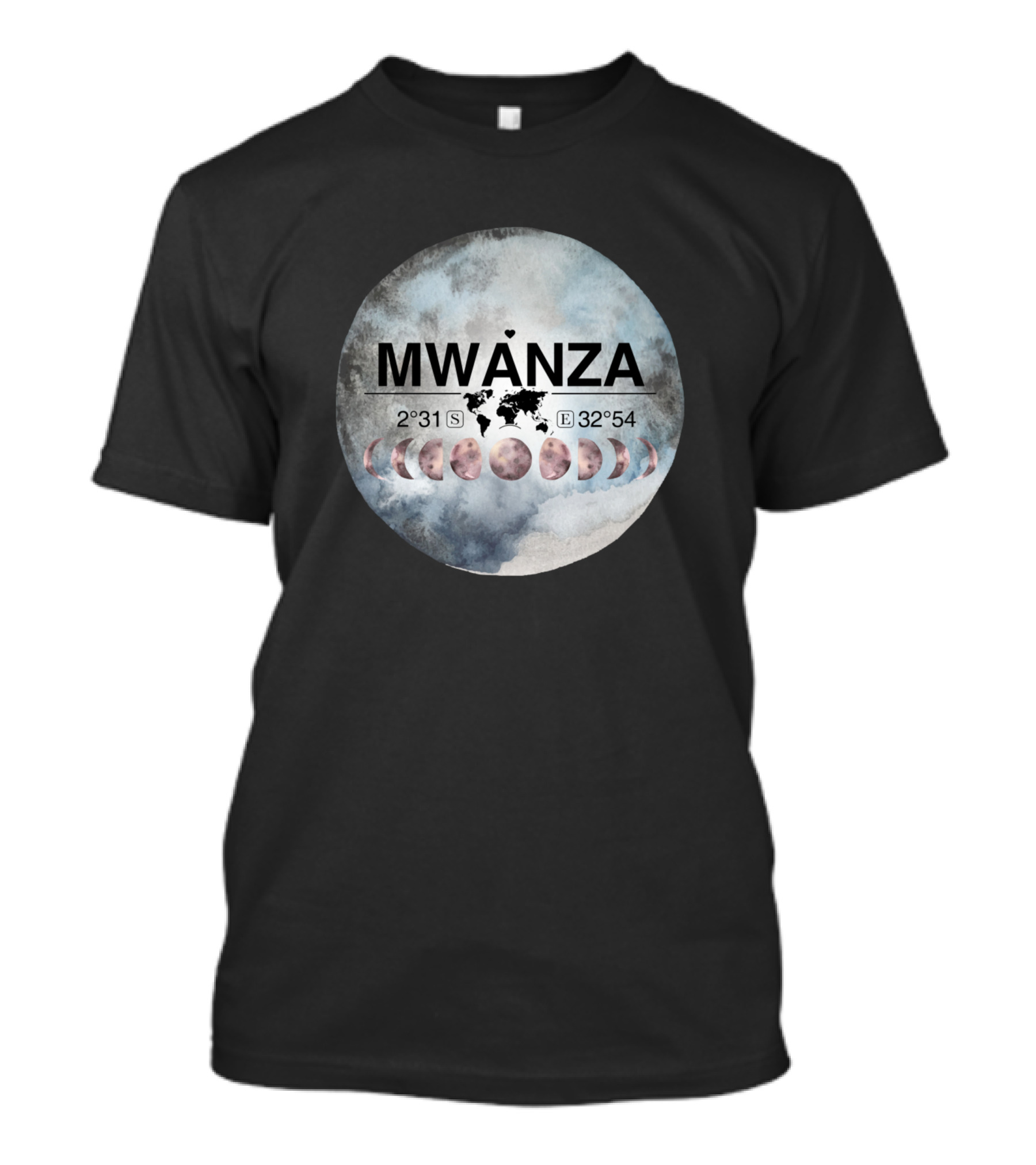 Mwanza Tanzania Latitude Coordinates With Moon Phases And World Map T-Shirt