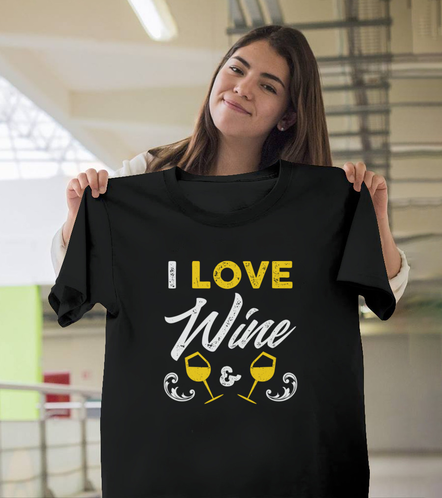 I Love Wine and Wine Glasses Typography T-Shirt