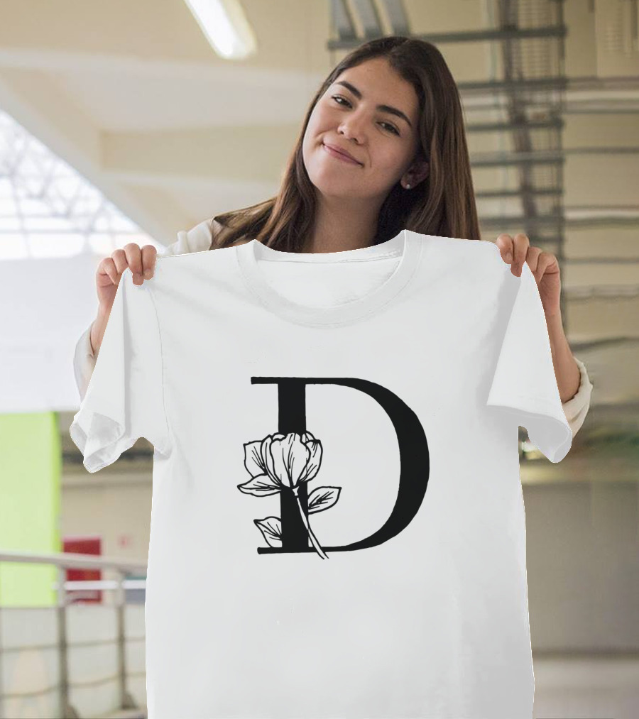 D Floral Initial with Rose Bloom T-Shirt