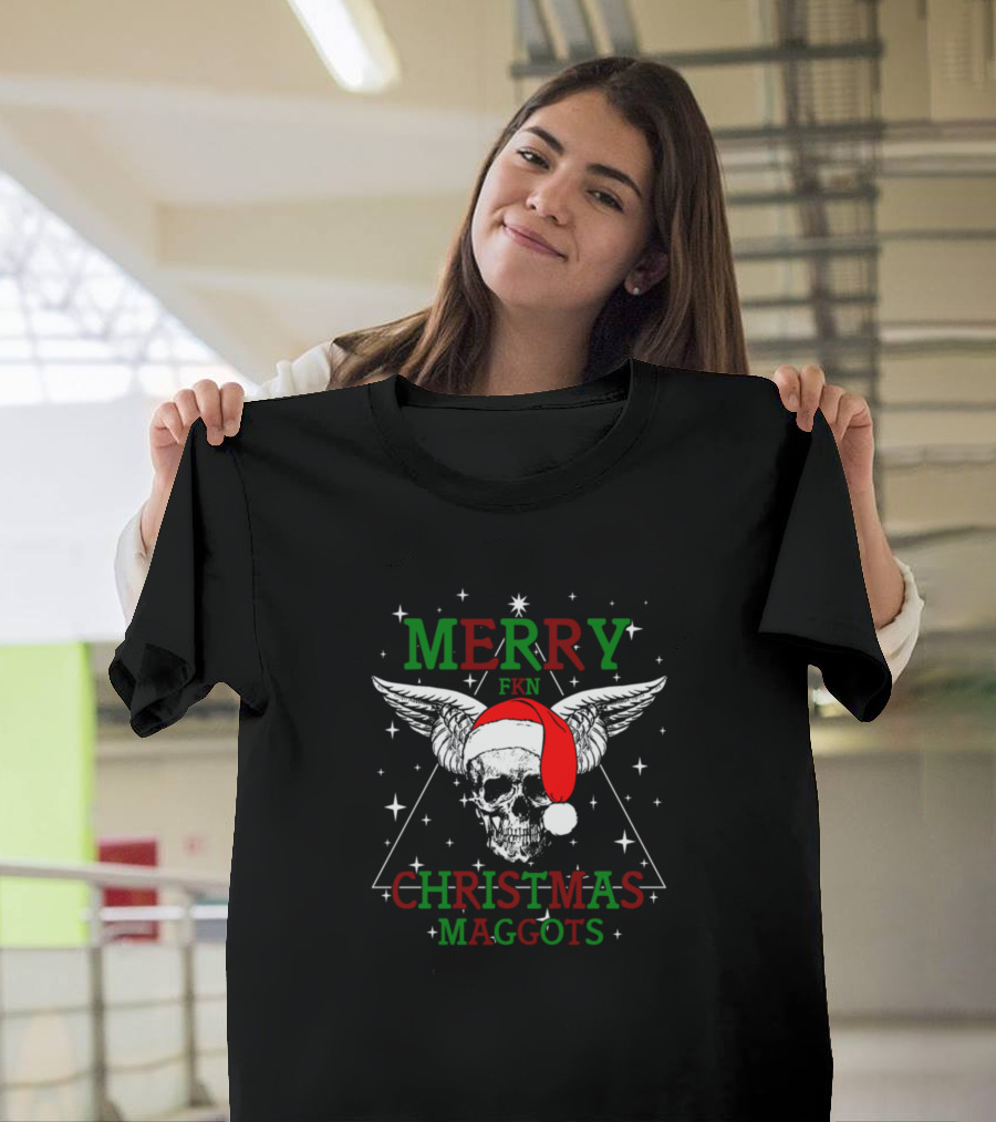 Merry FKN Christmas Maggots Skull Santa Hat Winged Star Triangle T-Shirt