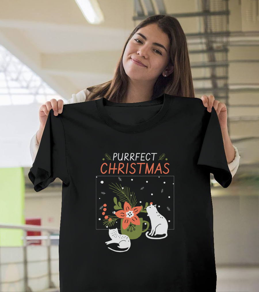 PURRFECT CHRISTMAS Cats with Festive Flowers and Snowflakes T-Shirt