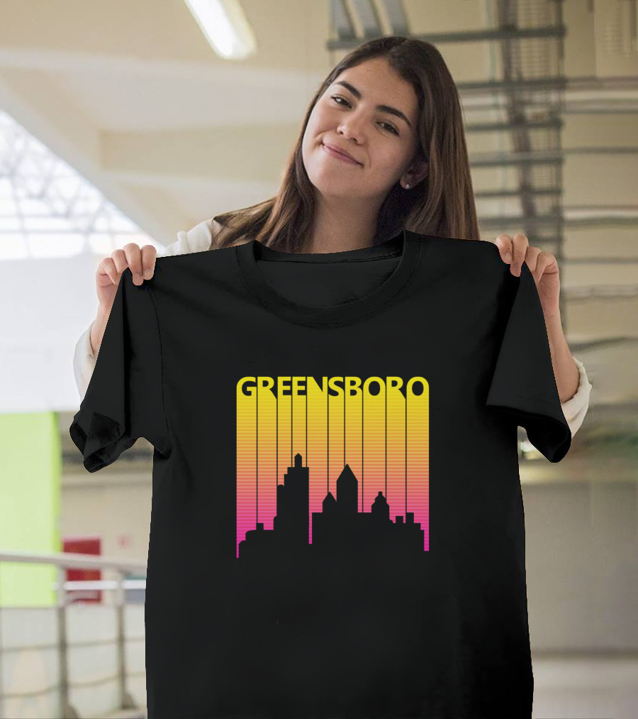 Greensboro 1980s Retro Skyline Sunset Stripes T-Shirt