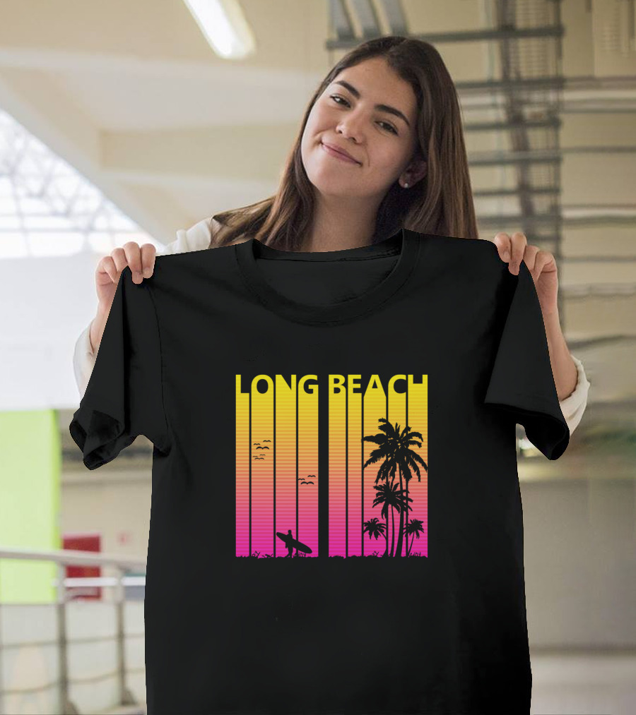 Long Beach 1980s Retro Sunset Skyline with Palms and Surfer T-Shirt