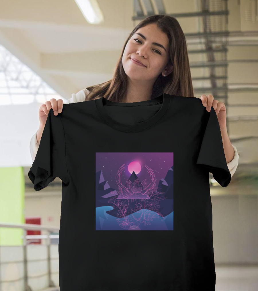 Retro Sunset Stag with Neon Antlers and Mountains T-Shirt