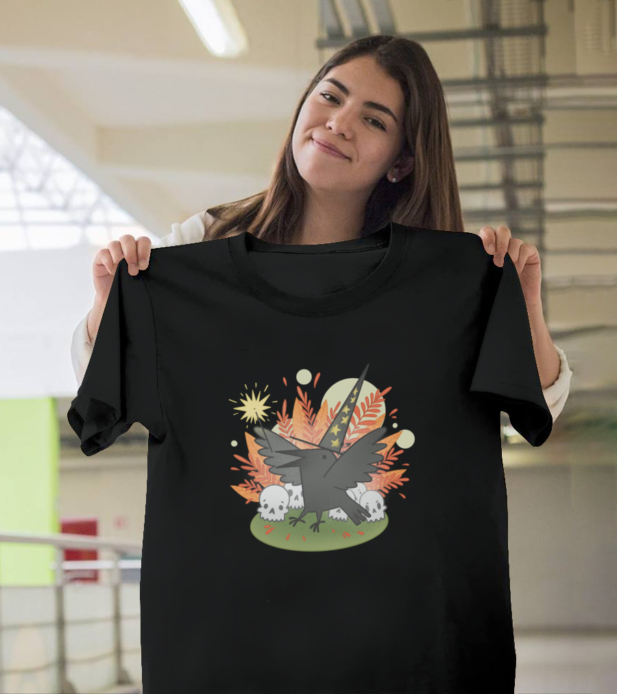Spooky Crow with Magic Wand and Skulls T-Shirt
