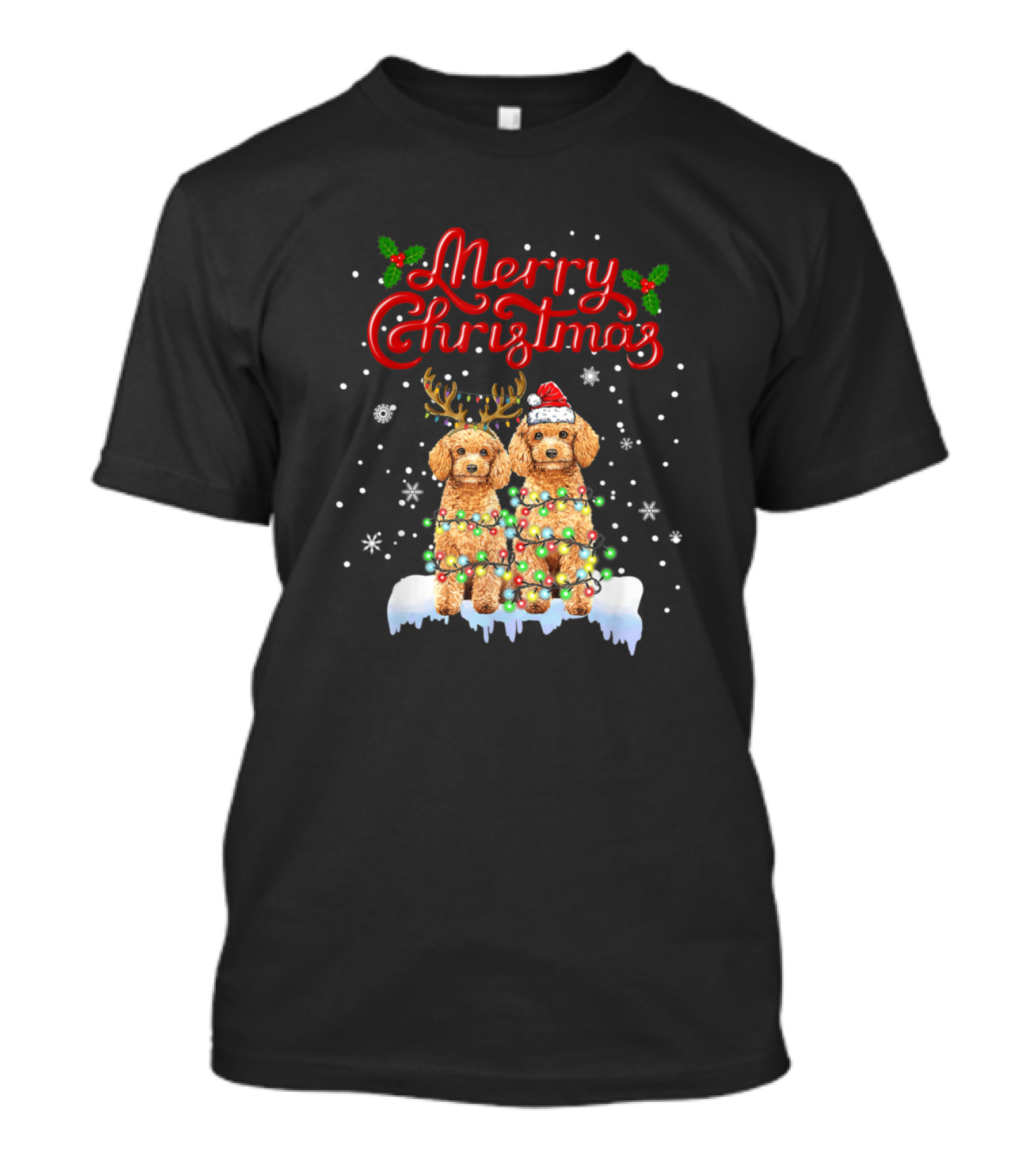 Merry Christmas Poodle Reindeer Santa Lights Funny Dog T-Shirt