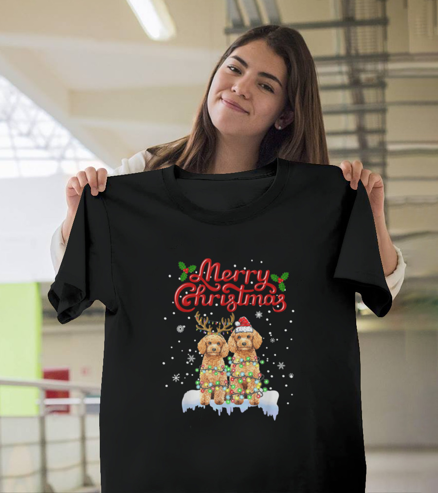 Merry Christmas Poodle Reindeer Santa Lights Funny Dog T-Shirt