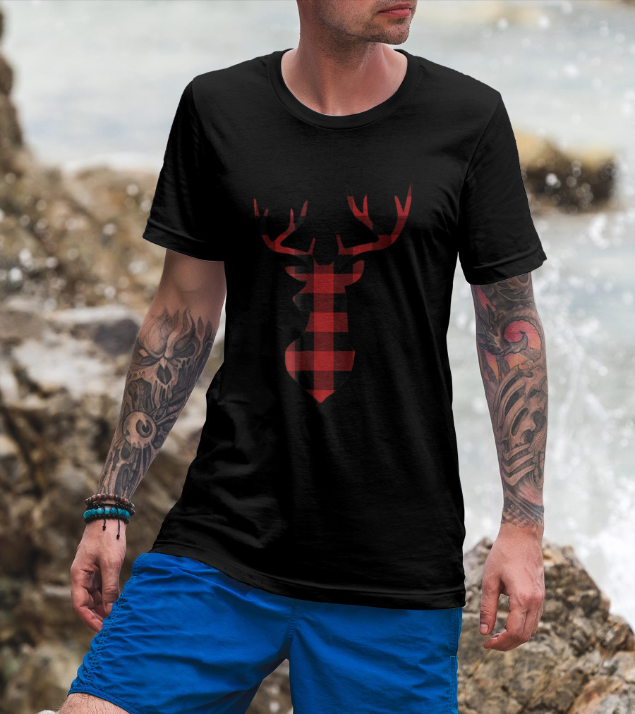 Buffalo Plaid Deer Christmas Red Black Flannel T-Shirt