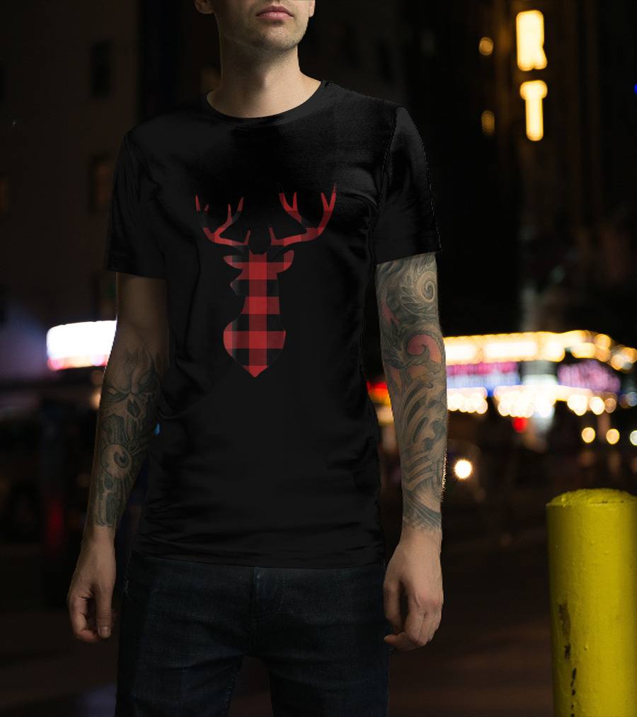 Buffalo Plaid Deer Christmas Red Black Flannel T-Shirt