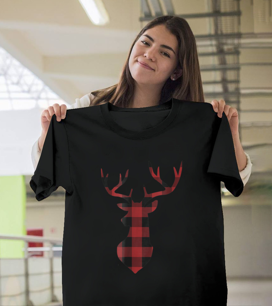 Buffalo Plaid Deer Christmas Red Black Flannel T-Shirt