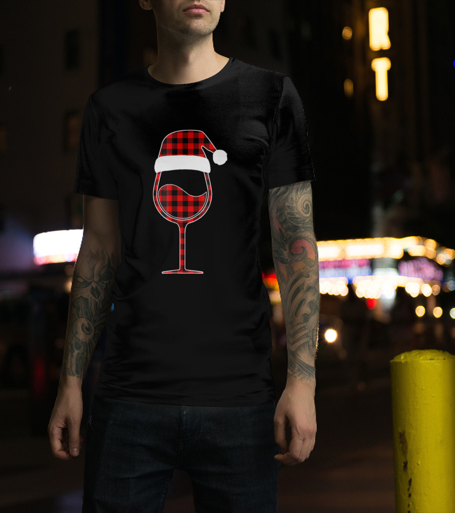 Red Plaid Buffalo Santa Hat Wine Glass Christmas T-Shirt