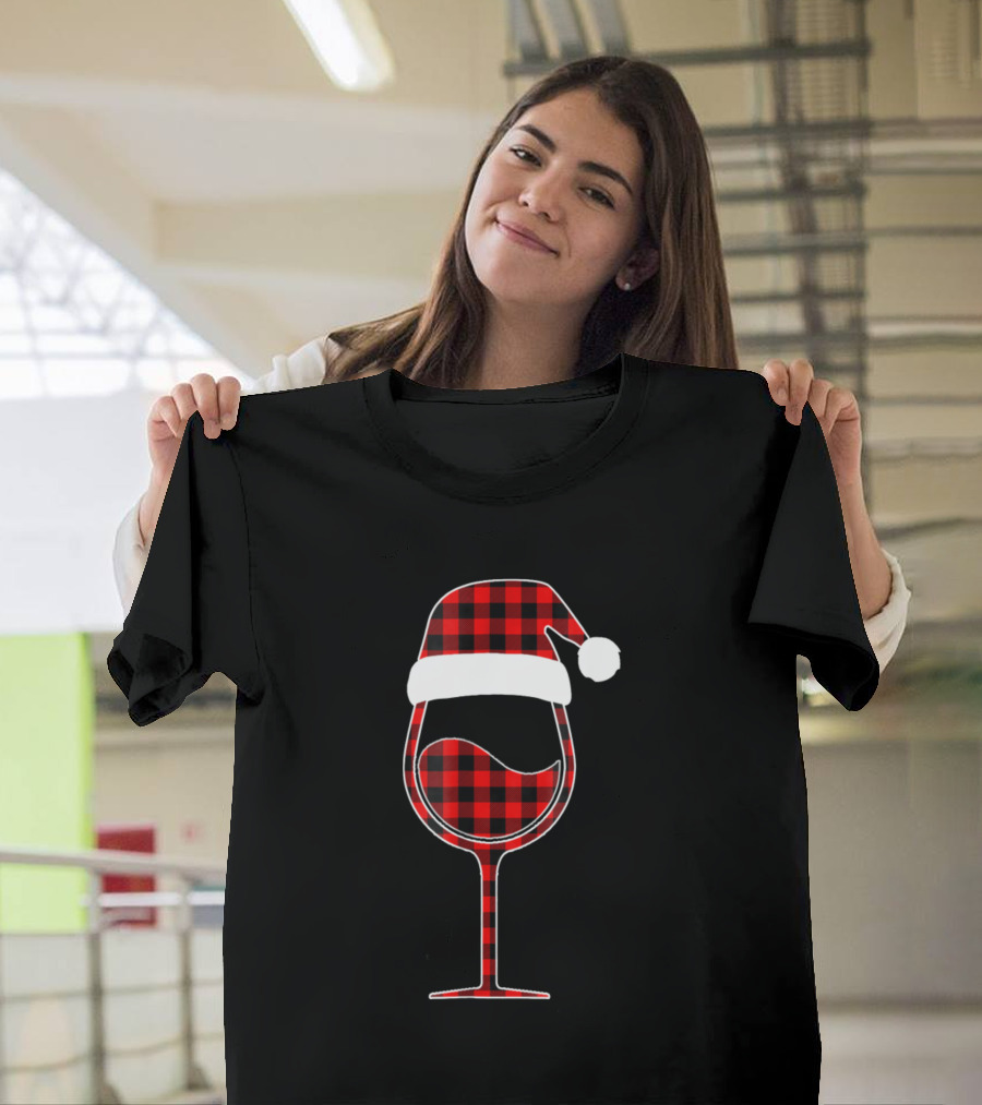 Red Plaid Buffalo Santa Hat Wine Glass Christmas T-Shirt