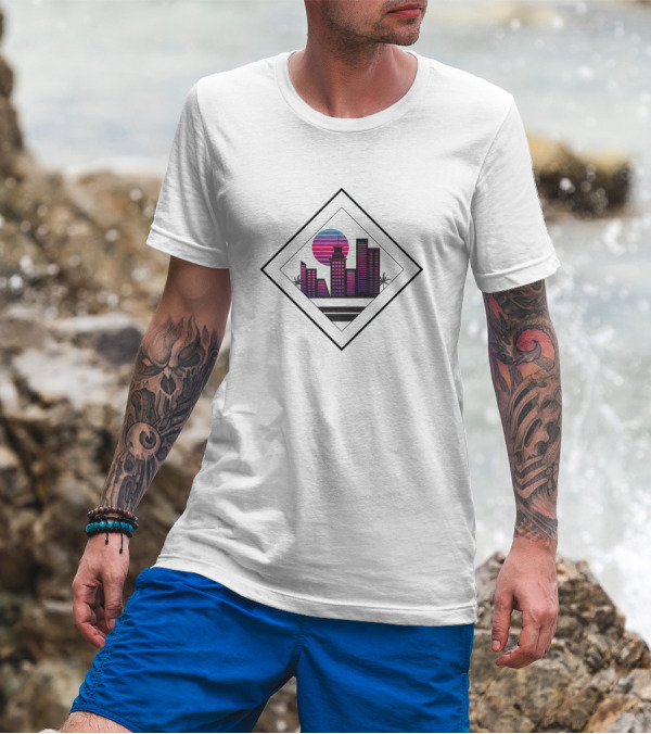 Retro Sunset Cityscape In Modern T-Shirt