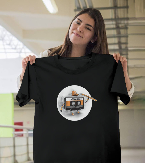 Rewind Cassette Tape Character With Pencil Hat T-Shirt