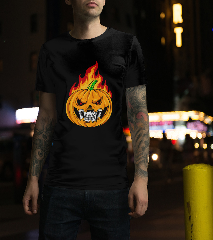 Flaming Grinning Pumpkin With Fiery Eyes T-Shirt