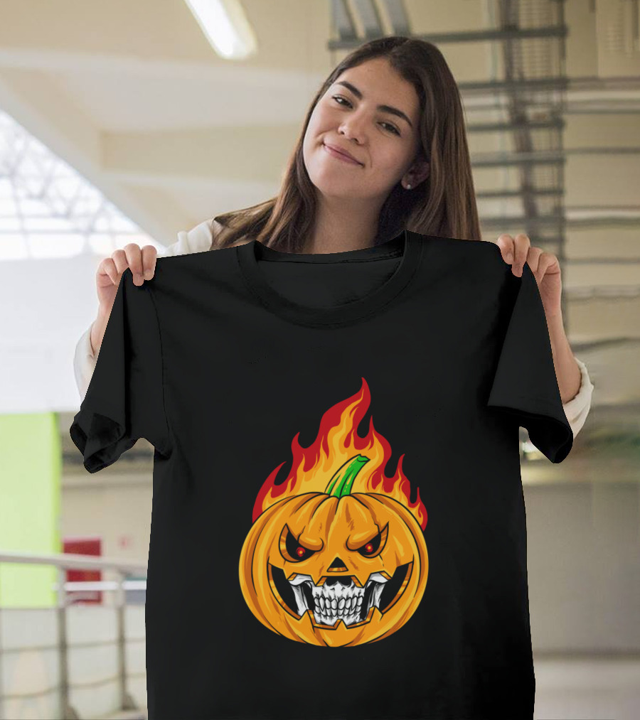 Flaming Grinning Pumpkin With Fiery Eyes T-Shirt