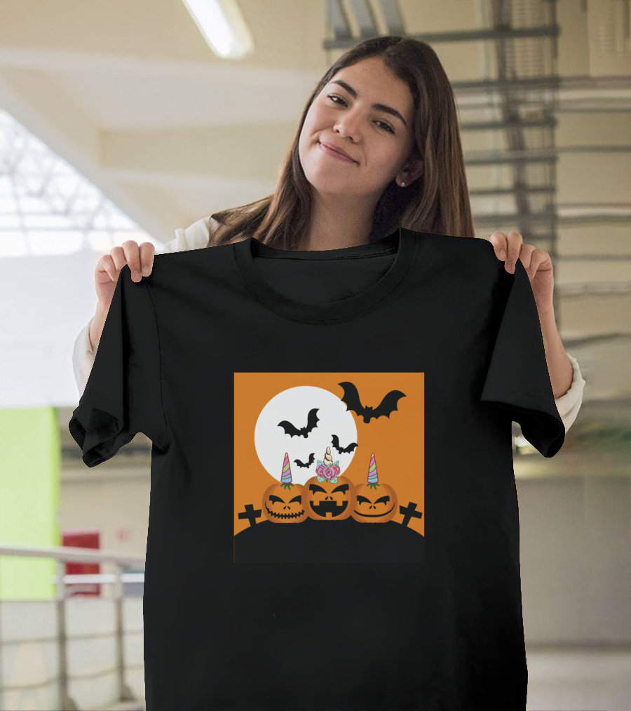 Unicorn Pumpkin Halloween Jack-O'-Lanterns with Bats and Full Moon T-Shirt
