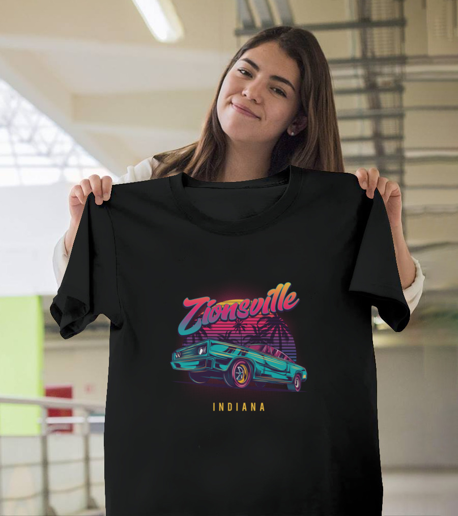 Zionsville Indiana Retro Vintage Muscle Car with Palm Trees and Sunset T-Shirt