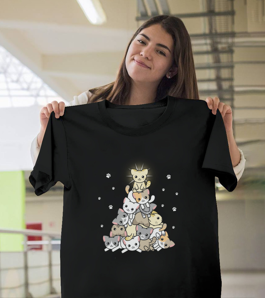 Stacked Cats Christmas Tree Paws T-Shirt
