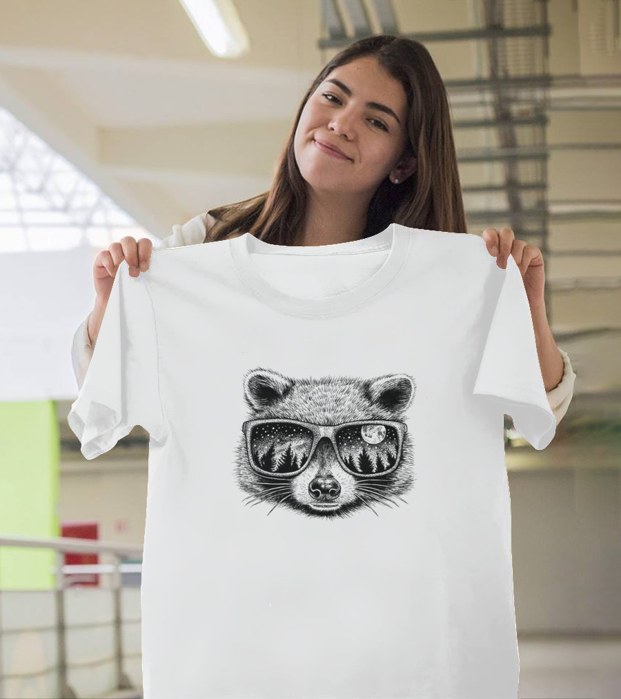 Raccoon with Forest Reflections and Moon in Glasses T-Shirt