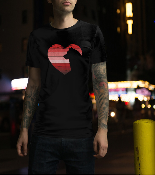 Alaskan Malamute Heart Silhouette Valentines Day Red Stripes T-Shirt