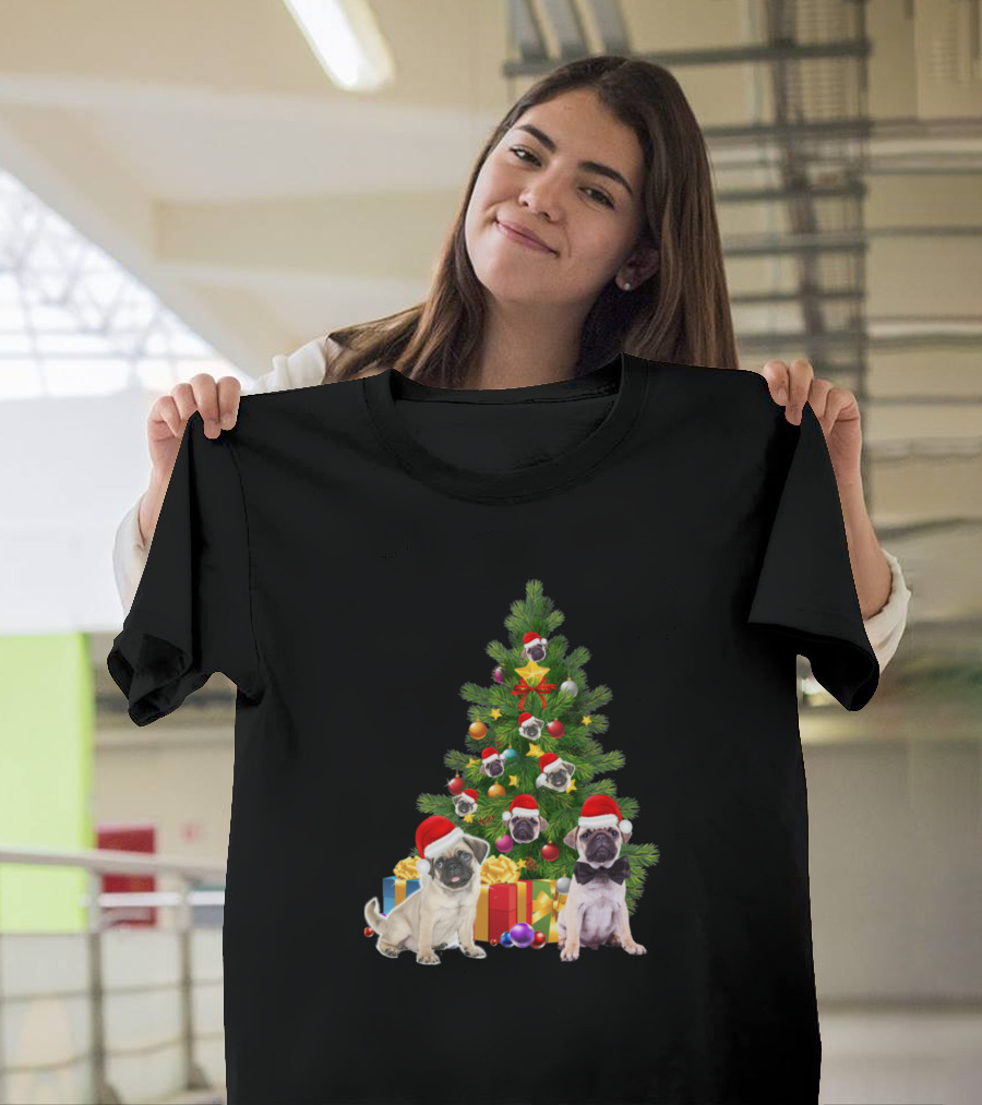 Pug Dog Christmas Tree Santa Hats Gifts and Ornaments T-Shirt